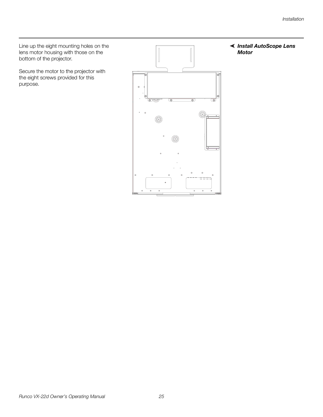 Runco VX-22D manual Install AutoScope Lens, Motor 