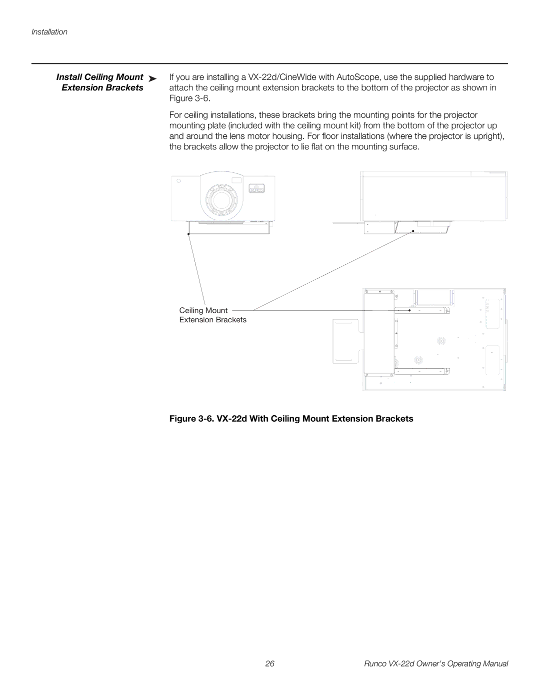 Runco VX-22D manual Install Ceiling Mount, Extension Brackets 