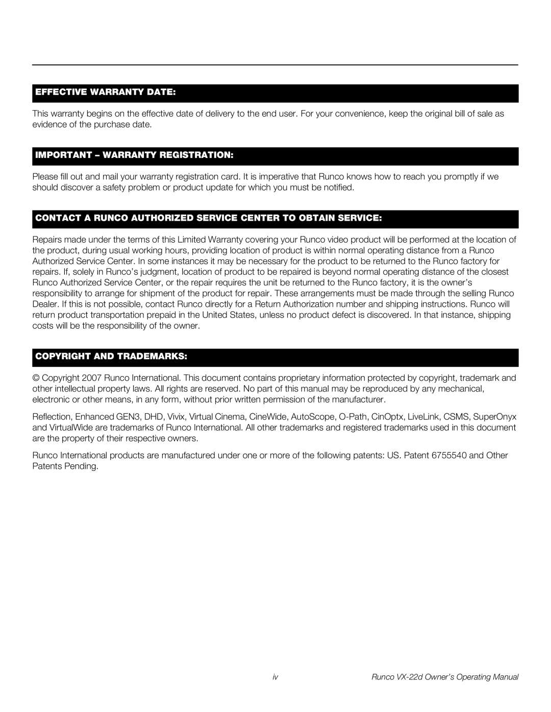 Runco VX-22D manual Effective Warranty Date 