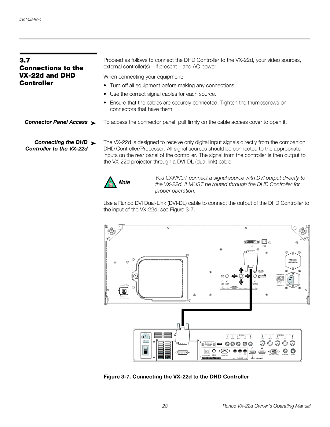 Runco VX-22D manual Connections to the VX-22d and DHD Controller, Connecting the VX-22d to the DHD Controller 