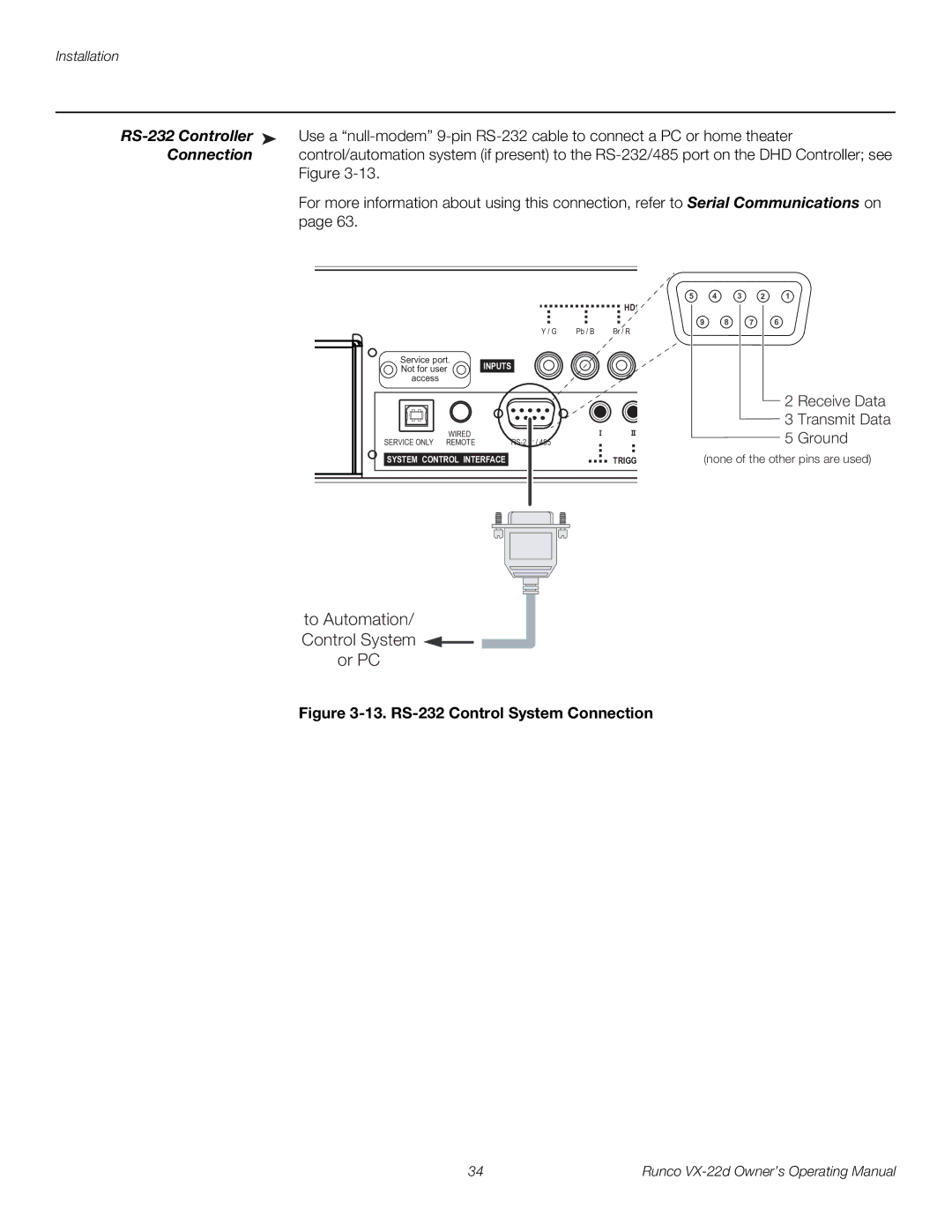 Runco VX-22D manual RS-232 Controller, Connection 