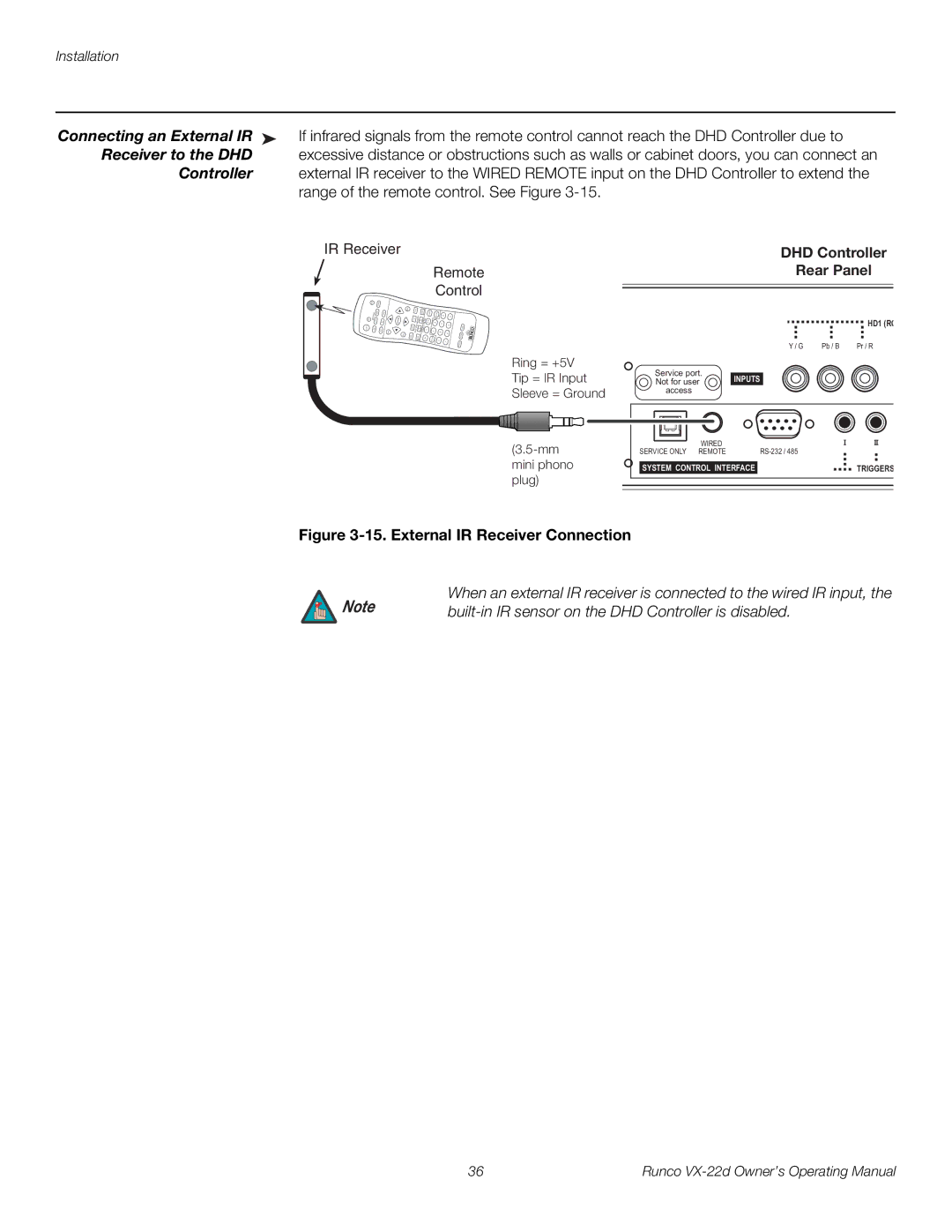 Runco VX-22D manual Connecting an External IR, Receiver to the DHD, DHD Controller Rear Panel 