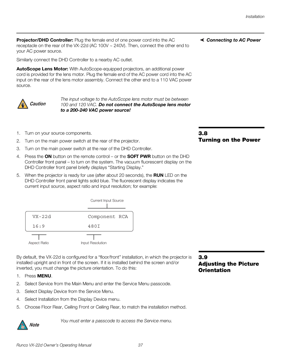 Runco VX-22D manual Turning on the Power, Adjusting the Picture Orientation, Connecting to AC Power 