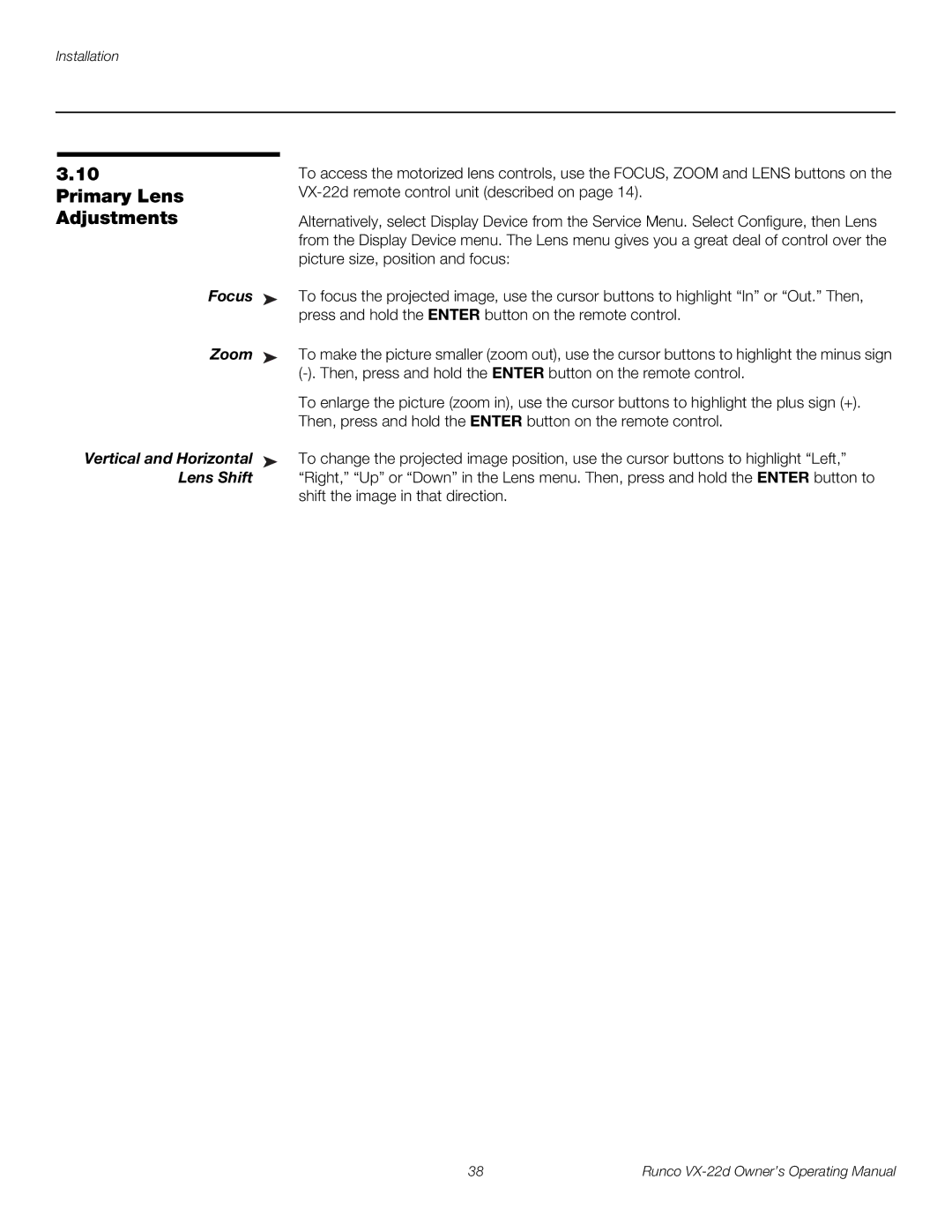 Runco VX-22D manual Primary Lens, Adjustments, Focus, Zoom 