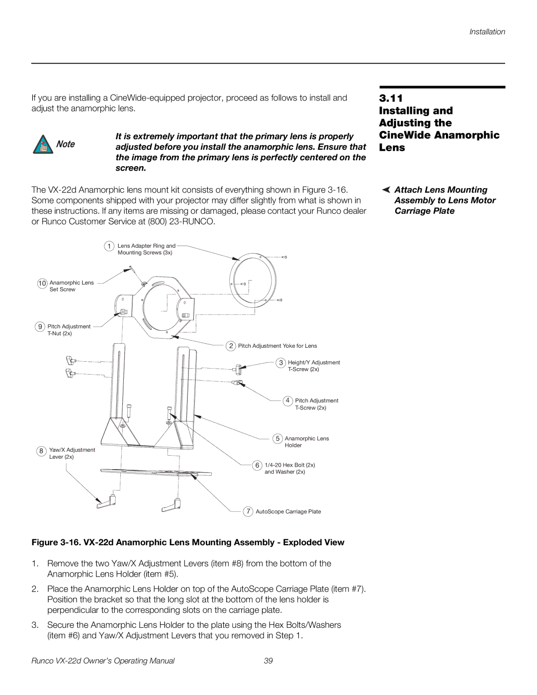 Runco VX-22D manual Installing and Adjusting the CineWide Anamorphic Lens 