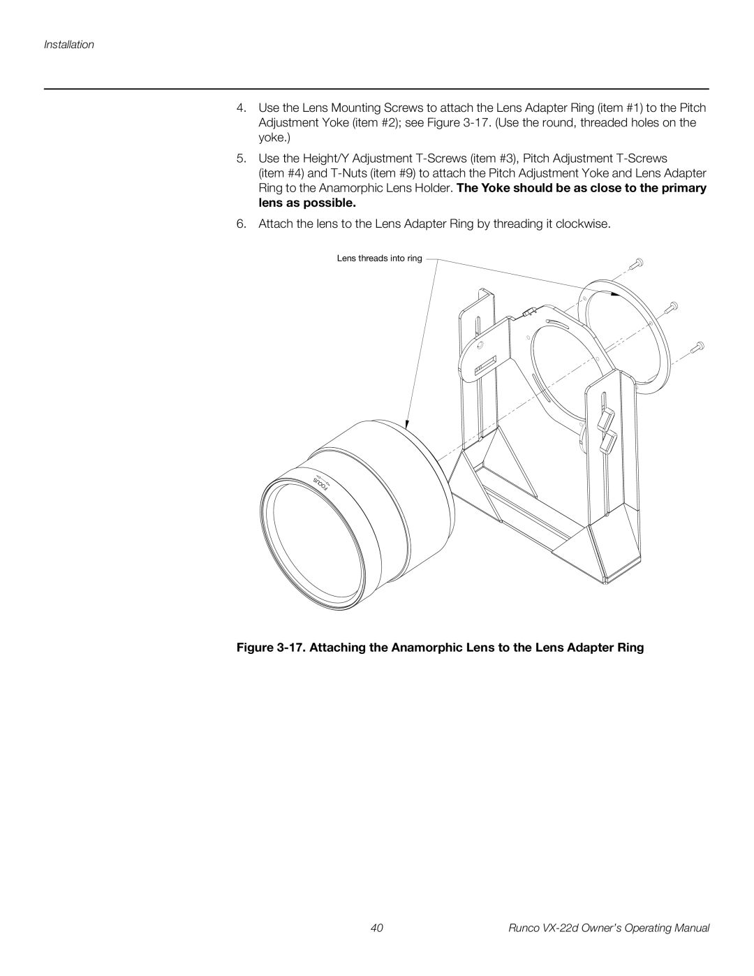 Runco VX-22D manual Attaching the Anamorphic Lens to the Lens Adapter Ring 