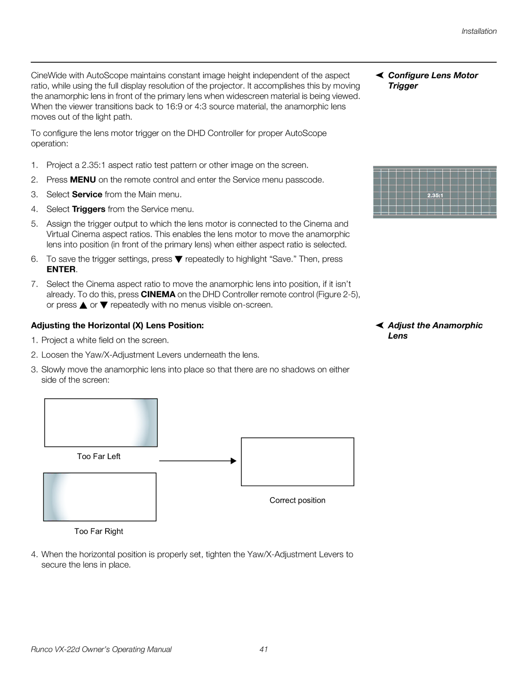 Runco VX-22D manual Adjusting the Horizontal X Lens Position, Configure Lens Motor Trigger Adjust the Anamorphic Lens 