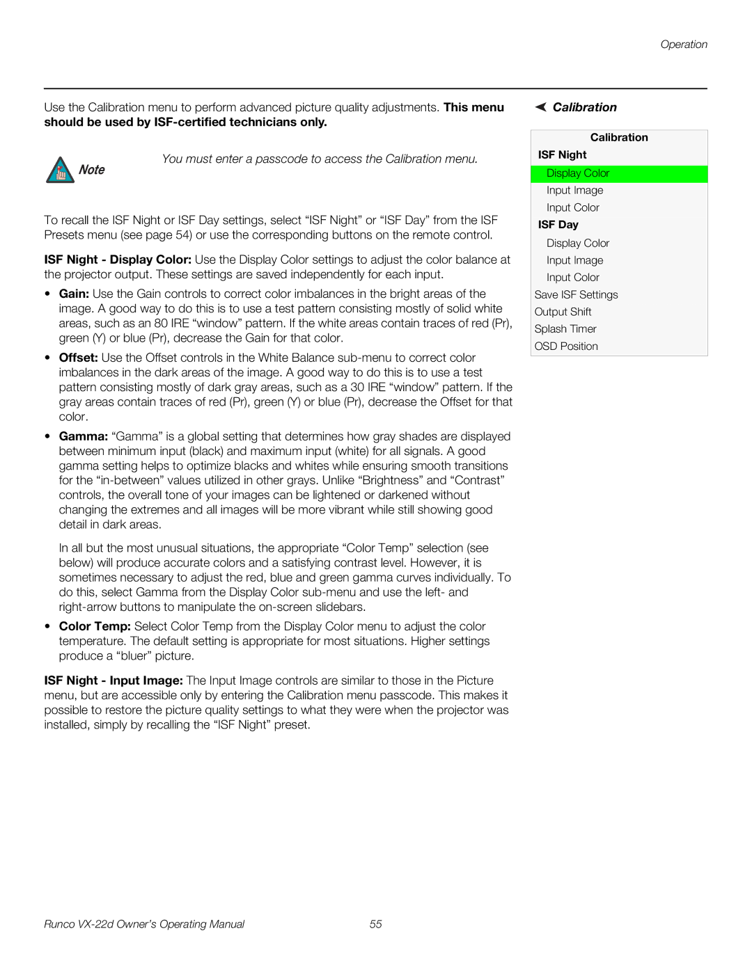 Runco VX-22D manual Calibration ISF Night, ISF Day 