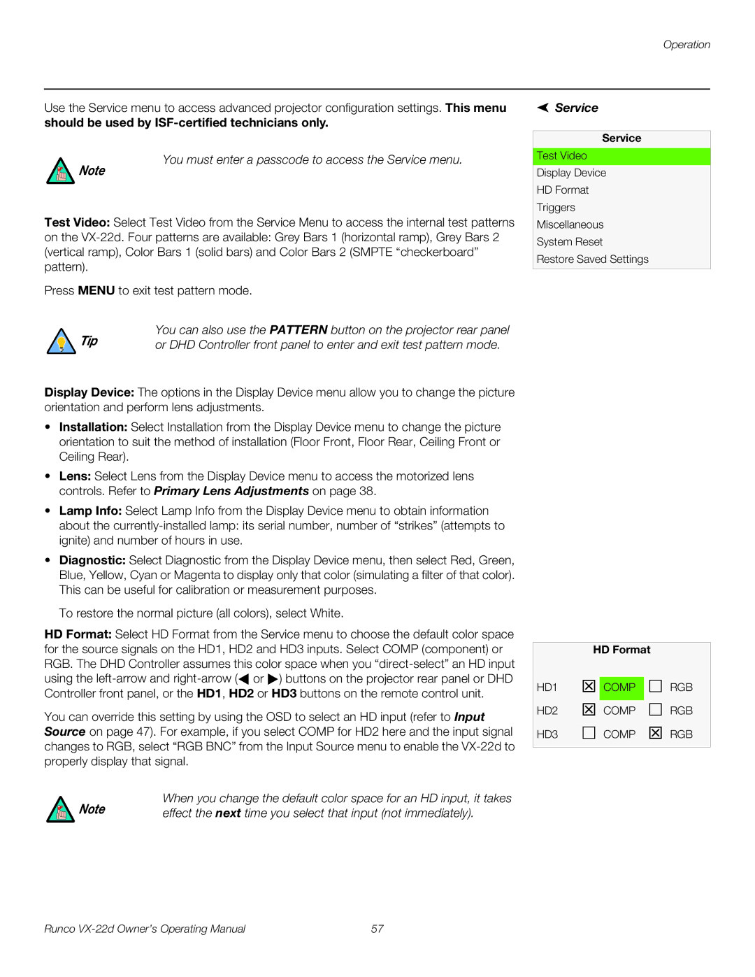 Runco VX-22D manual Service, HD Format 