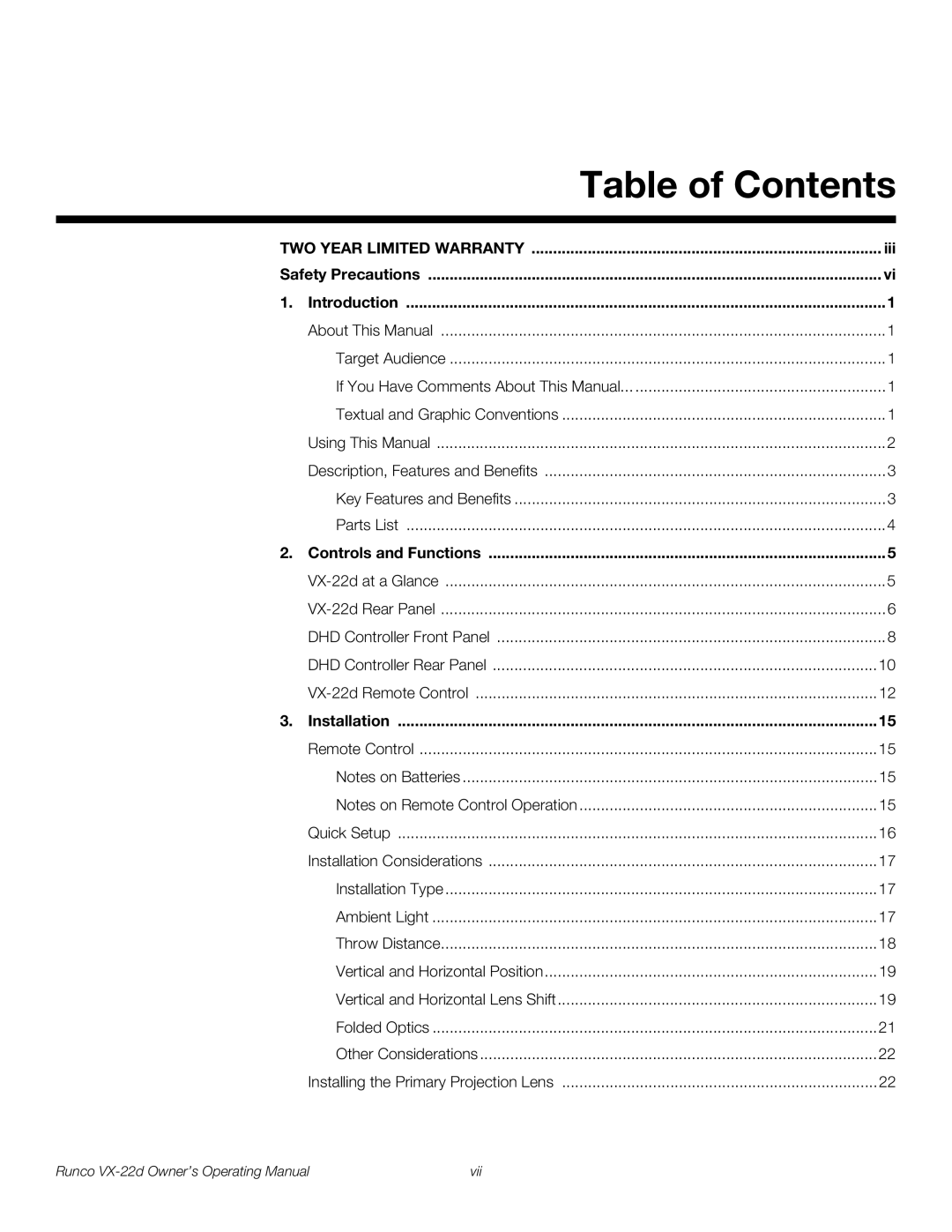 Runco VX-22D manual Table of Contents 