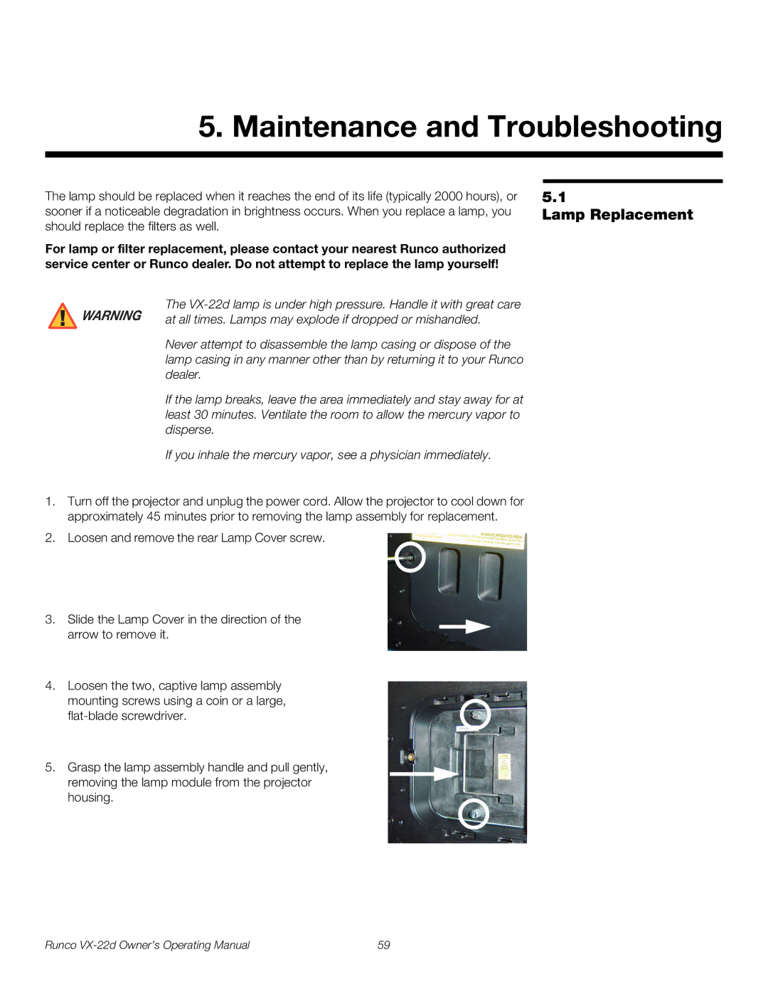 Runco VX-22D manual Maintenance and Troubleshooting, Lamp Replacement 