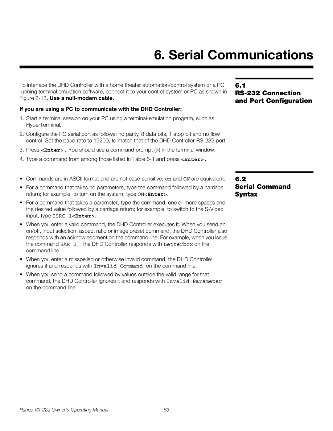 Runco VX-22D manual Serial Communications, If you are using a PC to communicate with the DHD Controller 