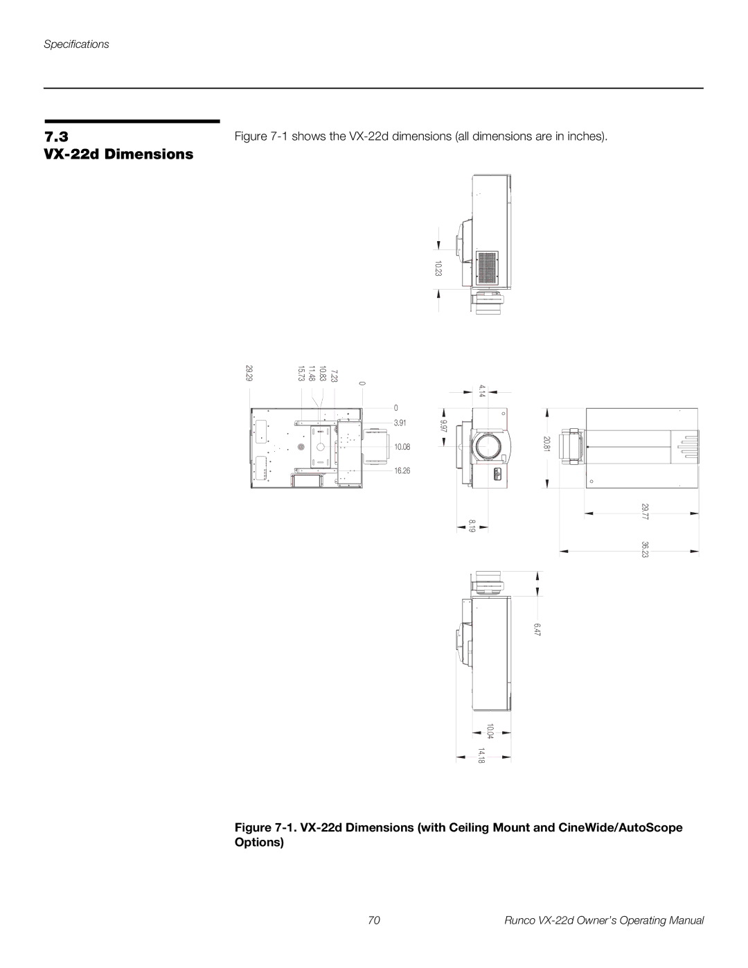 Runco VX-22D manual VX-22d Dimensions, 1shows the VX-22d dimensions all dimensions are in inches 