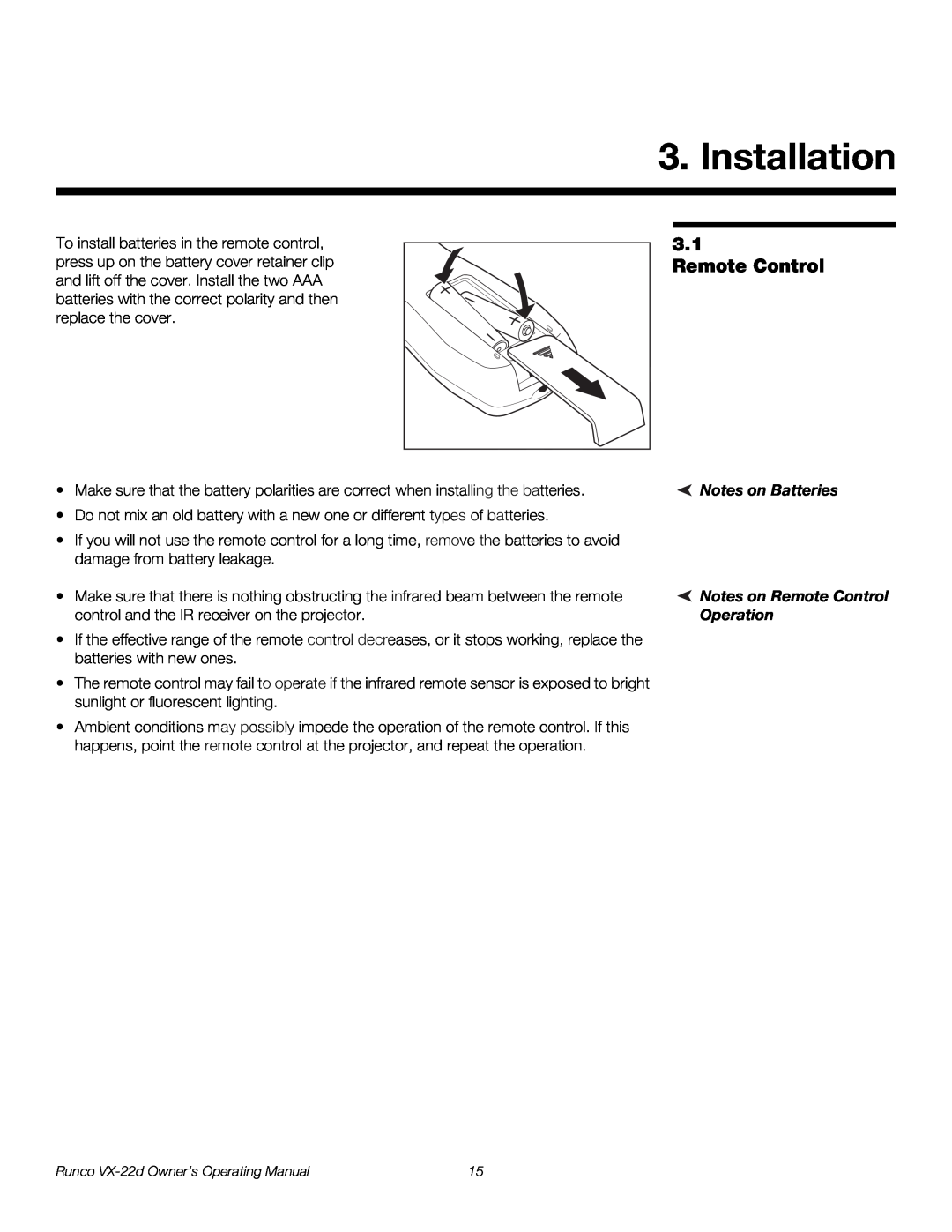 Runco VX-22D manual Installation, Notes on Batteries Notes on Remote Control Operation 