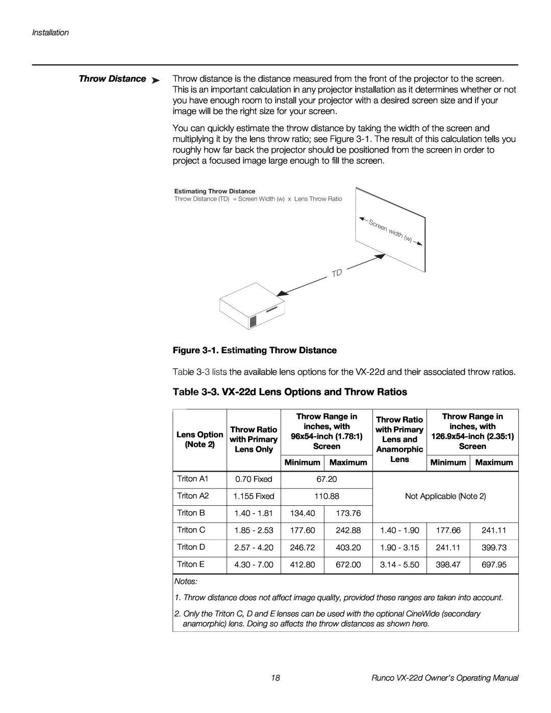 Runco VX-22D manual 3. VX-22d Lens Options and Throw Ratios, 1. Estimating Throw Distance 