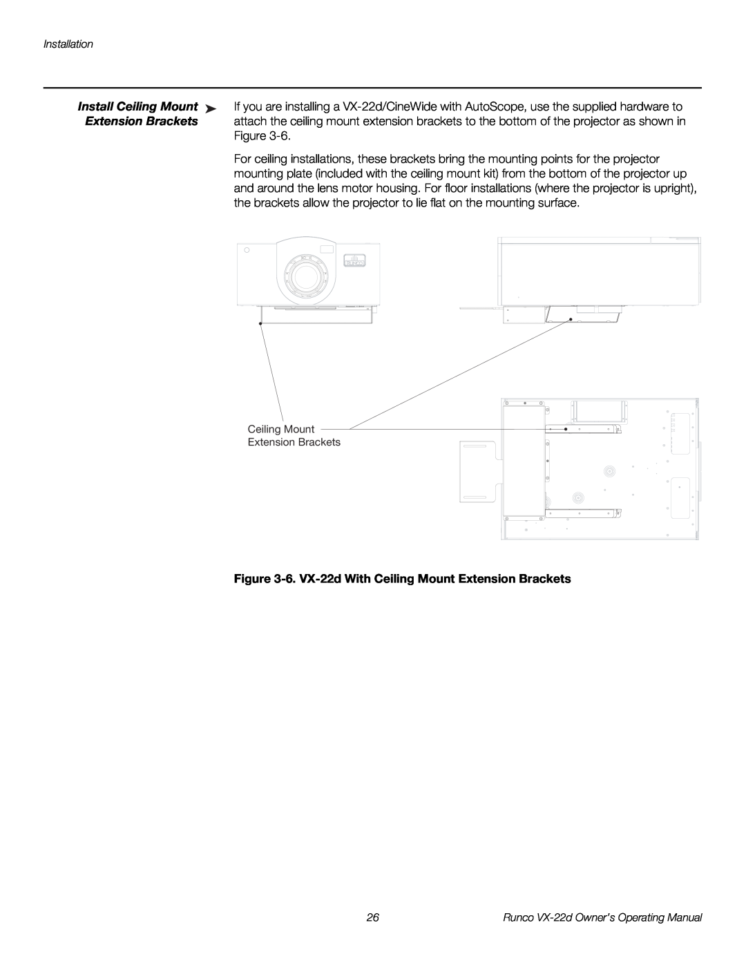 Runco VX-22D manual Install Ceiling Mount, 6. VX-22d With Ceiling Mount Extension Brackets 