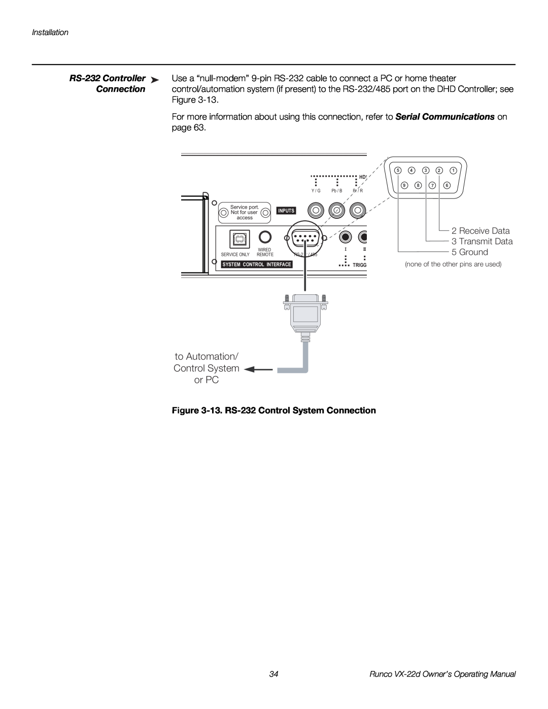 Runco VX-22D manual to Automation/ Control System or PC, RS-232 Controller, 13. RS-232 Control System Connection 