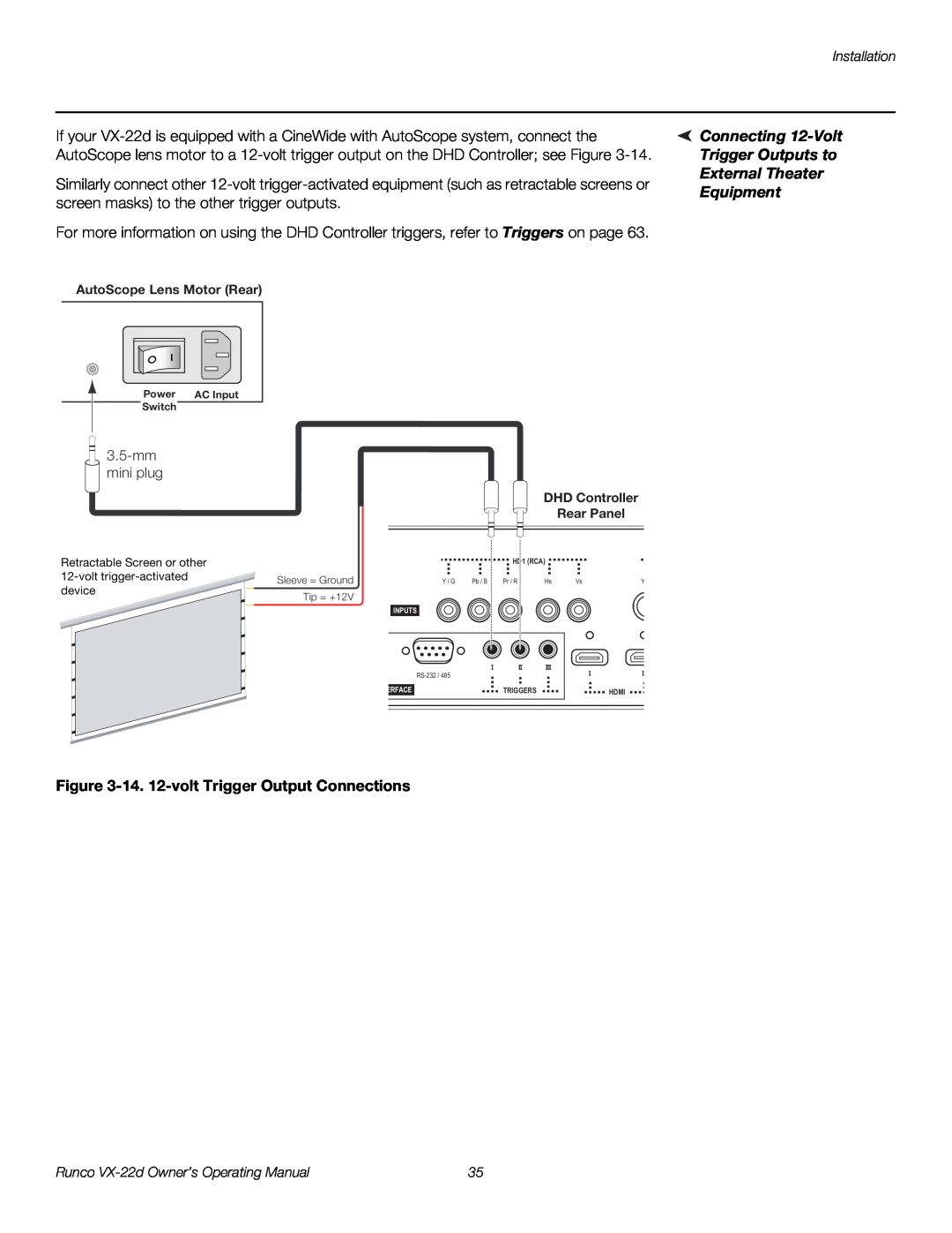 Runco VX-22D Connecting 12-Volt Trigger Outputs to External Theater Equipment, 14. 12-volt Trigger Output Connections 