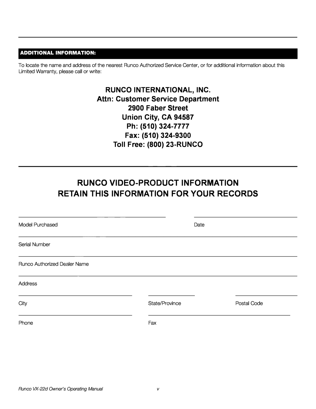 Runco VX-22D manual RUNCO INTERNATIONAL, INC Attn Customer Service Department, Faber Street Union City, CA Ph 510 Fax 510 