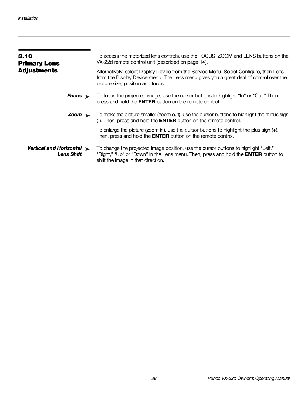 Runco VX-22D manual 3.10, Primary Lens, Adjustments, Focus, Zoom, Vertical and Horizontal, Lens Shift 