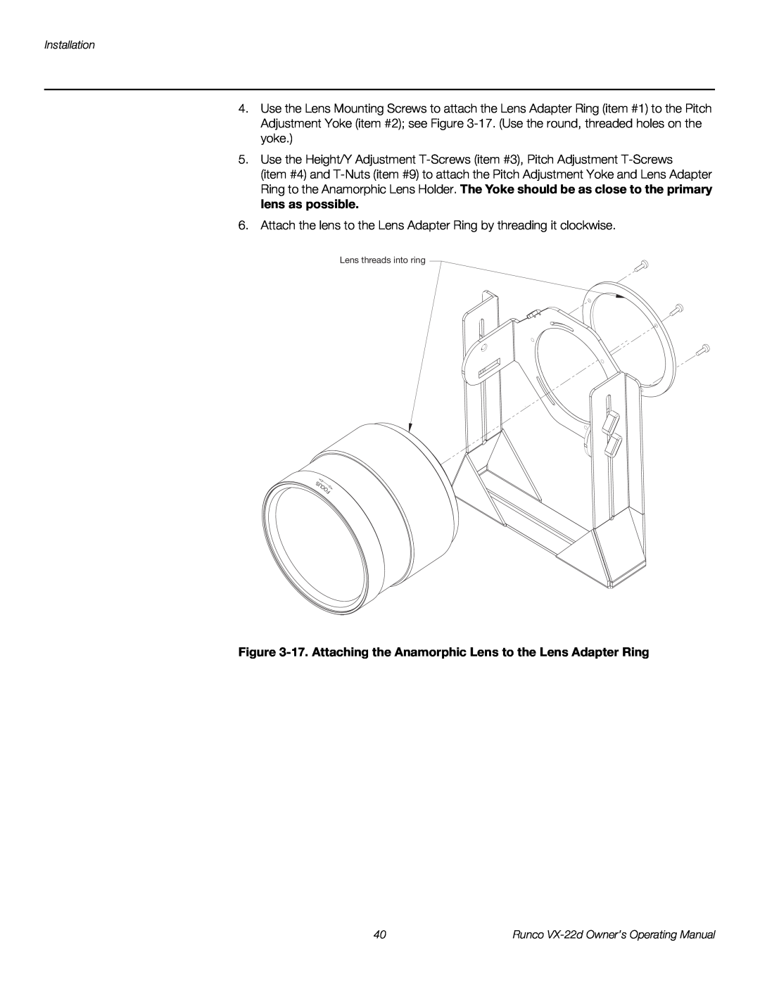 Runco VX-22D manual 17. Attaching the Anamorphic Lens to the Lens Adapter Ring 