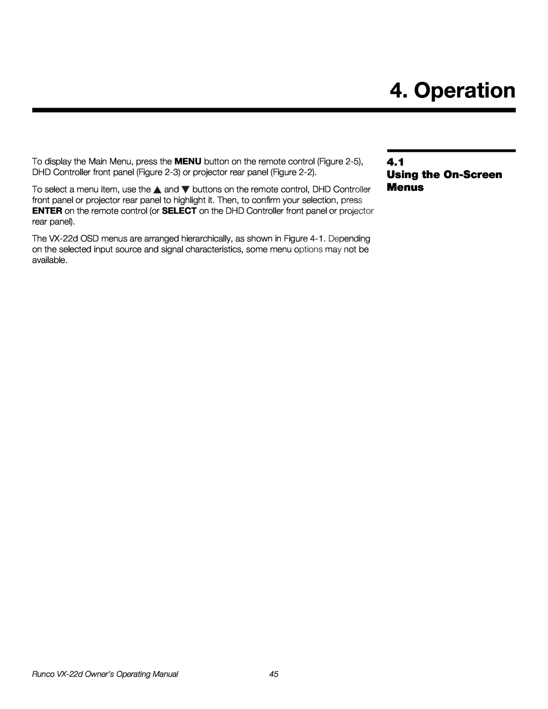 Runco VX-22D manual Operation, Using the On-Screen Menus 