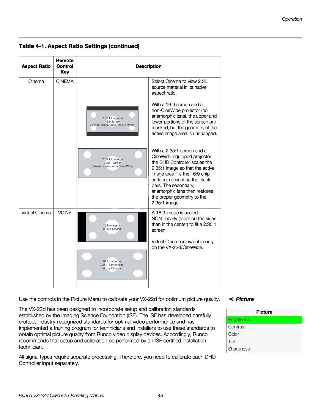 Runco VX-22D manual 1. Aspect Ratio Settings continued, Picture 