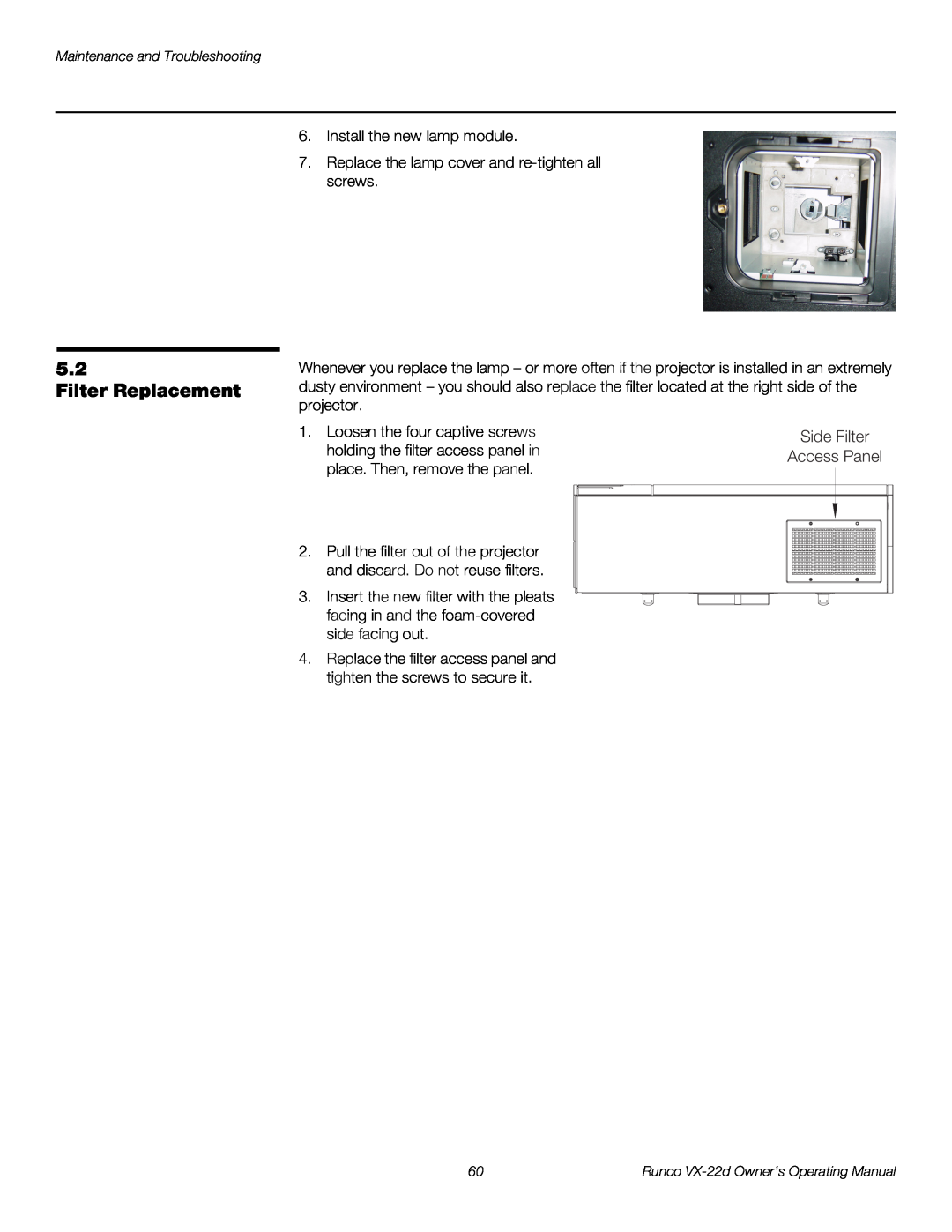 Runco VX-22D manual Filter Replacement, Side Filter Access Panel 