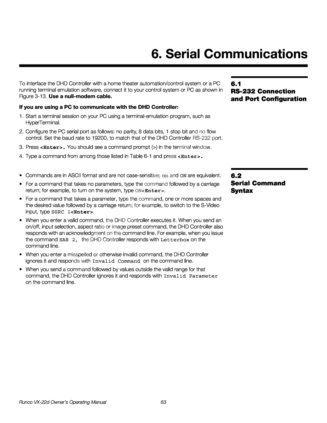Runco VX-22D manual Serial Communications, 6.1 RS-232 Connection and Port Configuration 6.2, Serial Command Syntax 