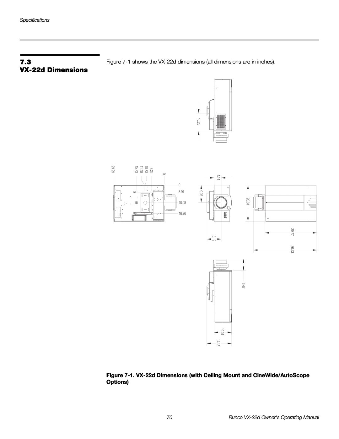 Runco VX-22D 7.3 VX-22d Dimensions, Specifications, 3.91 10.08 16.26, 10.23, 29.29, 7.23 10.83 11.48, 4.14 9.97, 8.19 