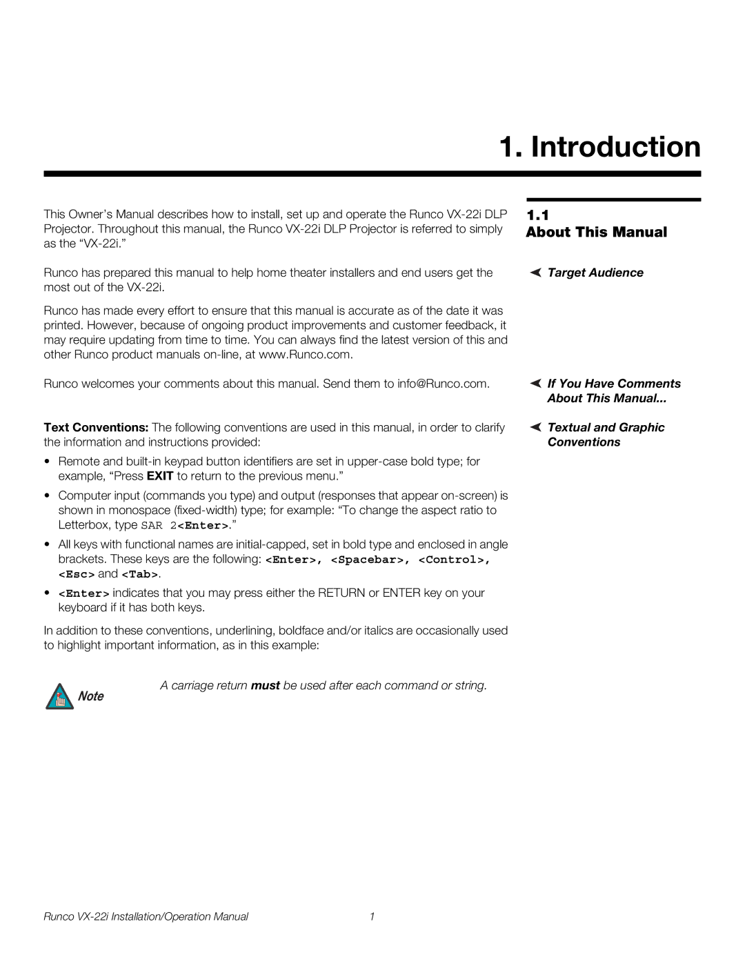 Runco VX-22I operation manual Introduction, About This Manual 