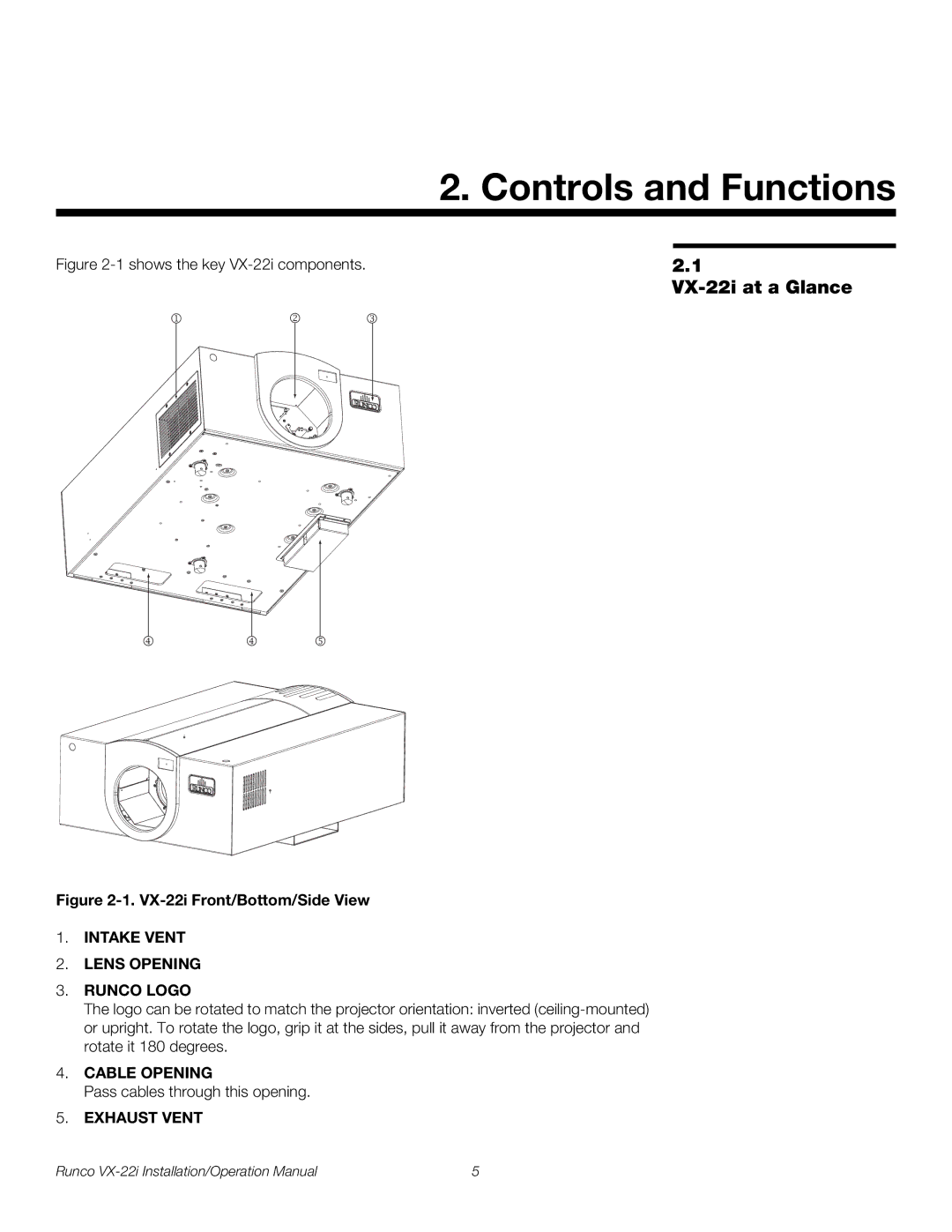 Runco VX-22I operation manual Controls and Functions, VX-22i at a Glance 