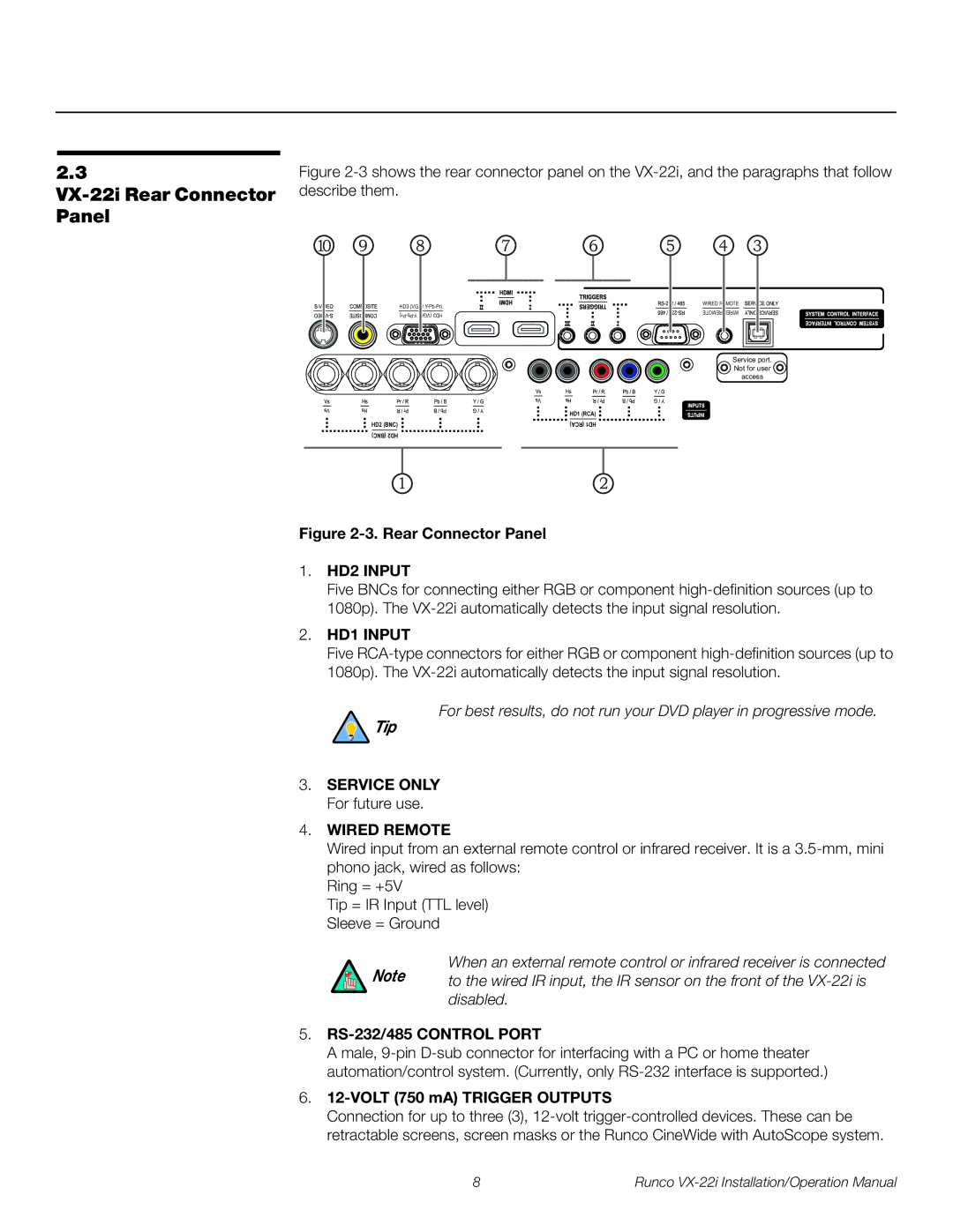 Runco VX-22I operation manual VX-22i Rear Connector Panel, Service only For future use, RS-232/485 Control Port 