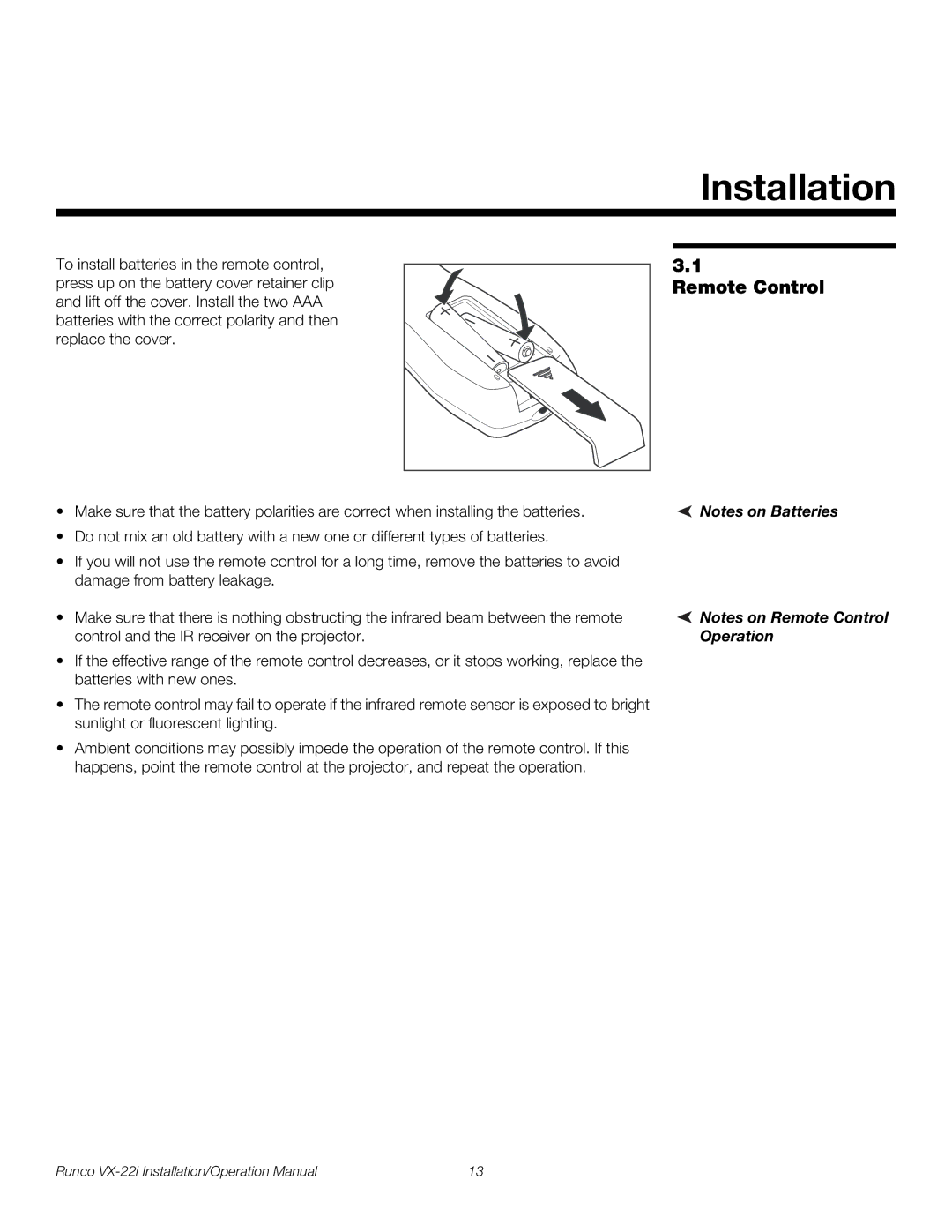 Runco VX-22I operation manual Installation, Remote Control 