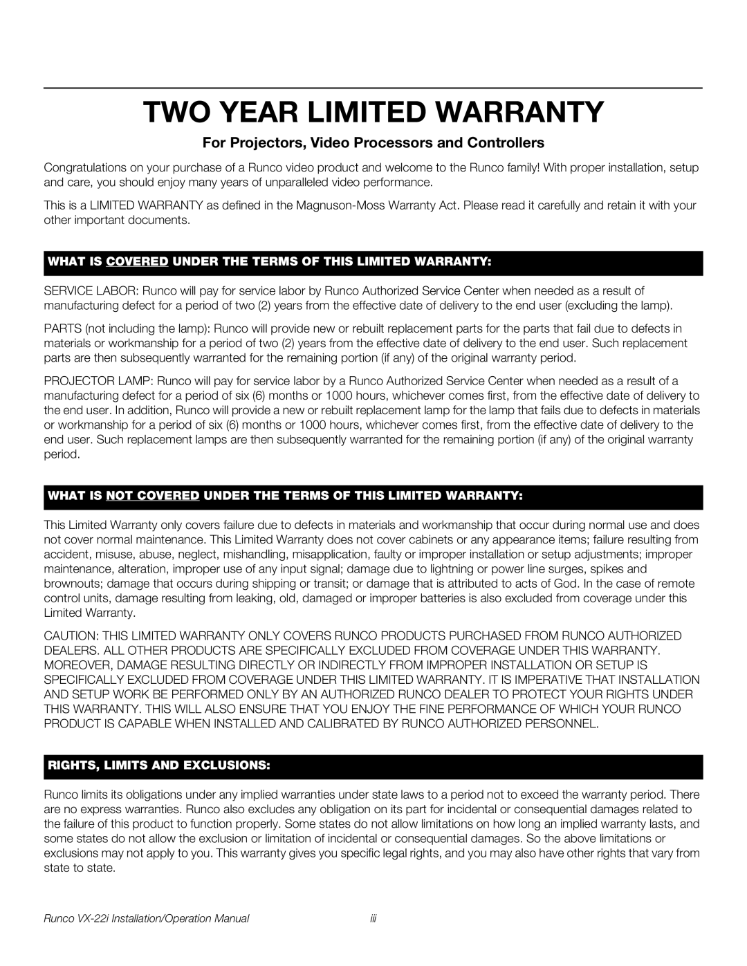 Runco VX-22I operation manual TWO Year Limited Warranty, For Projectors, Video Processors and Controllers 