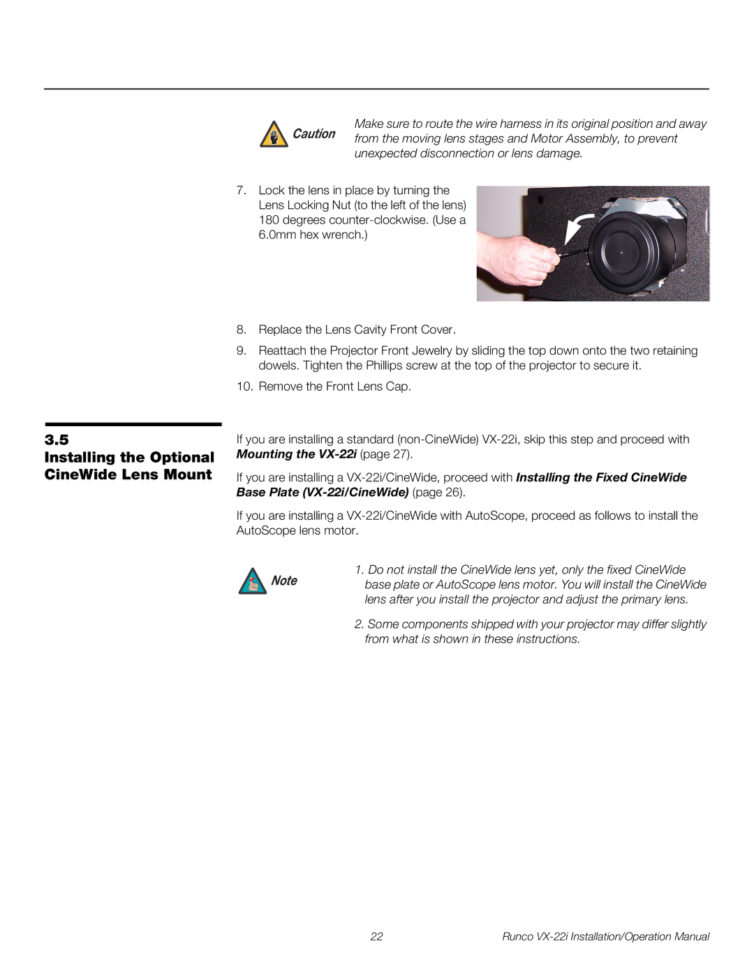 Runco VX-22I operation manual Installing the Optional CineWide Lens Mount 