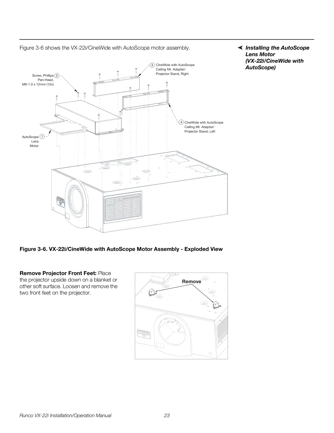 Runco VX-22I operation manual Installing the AutoScope Lens Motor VX-22i/CineWide with, Remove 