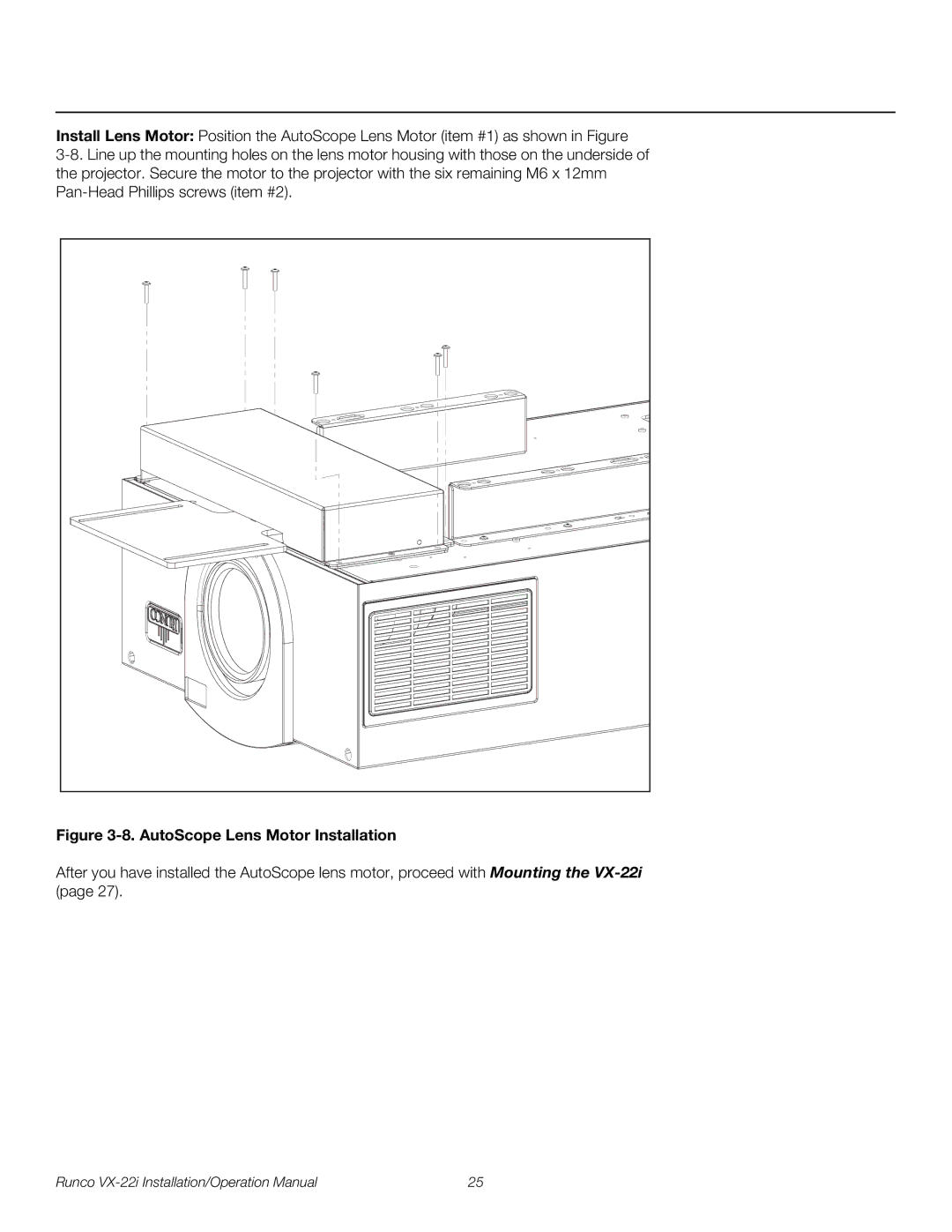 Runco VX-22I operation manual AutoScope Lens Motor Installation 