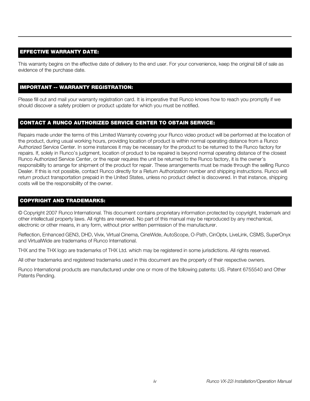 Runco VX-22I operation manual Effective Warranty Date 