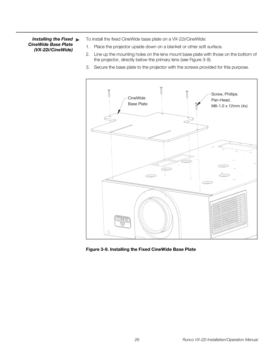 Runco VX-22I operation manual Installing the Fixed CineWide Base Plate 