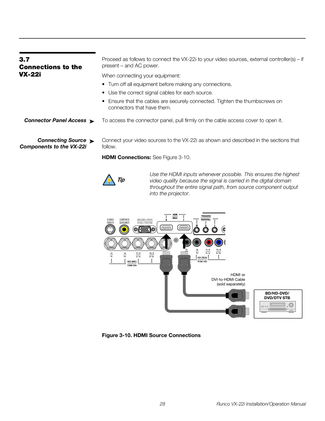 Runco VX-22I operation manual Connections to, VX-22i, Connector Panel Access, Connecting Source, Components to 