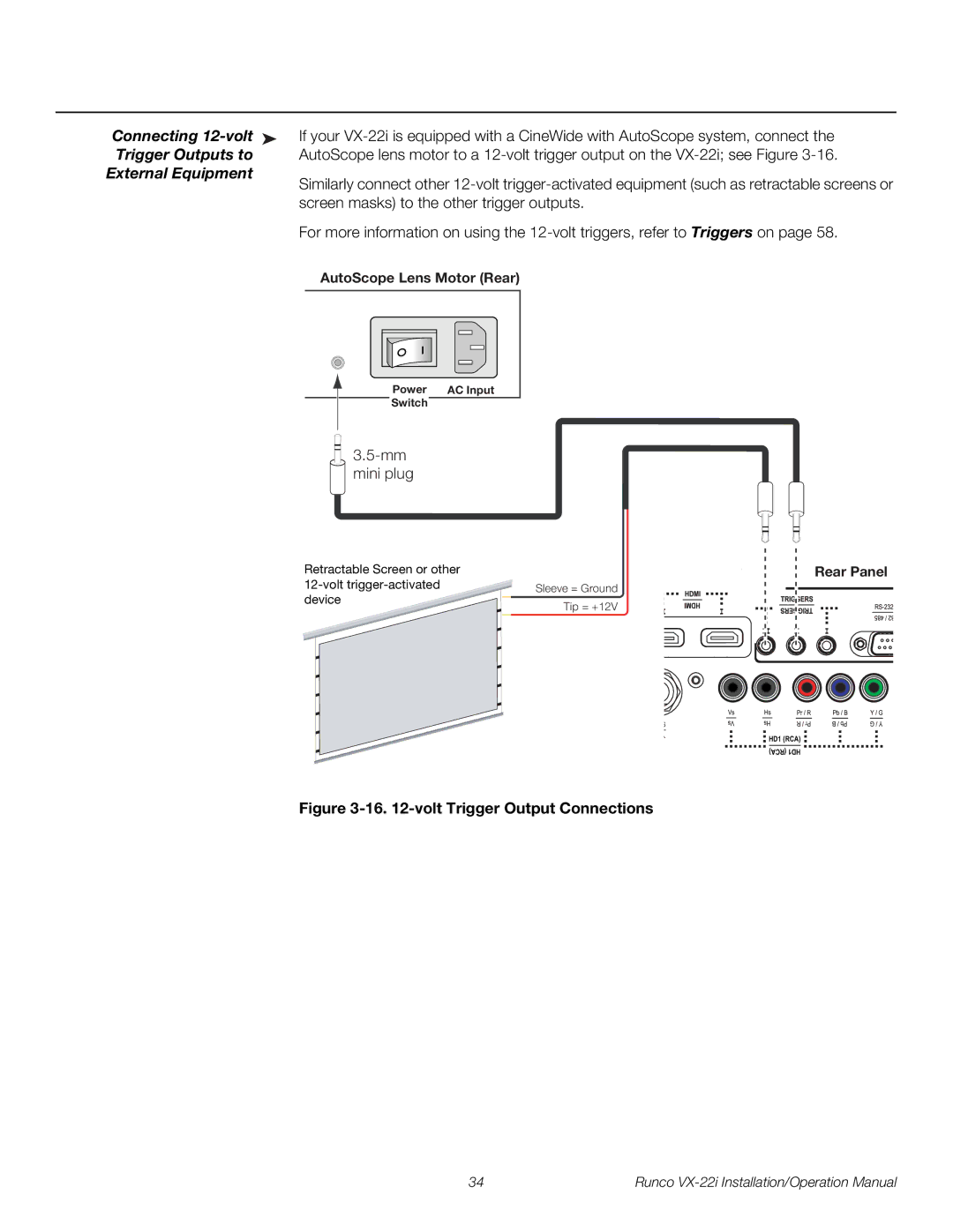 Runco VX-22I Connecting 12-volt, Trigger Outputs to, External Equipment, AutoScope Lens Motor Rear, Rear Panel 