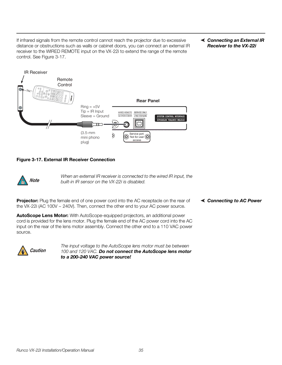 Runco VX-22I operation manual Connecting an External IR, Receiver to, Rear Panel, Connecting to AC Power 