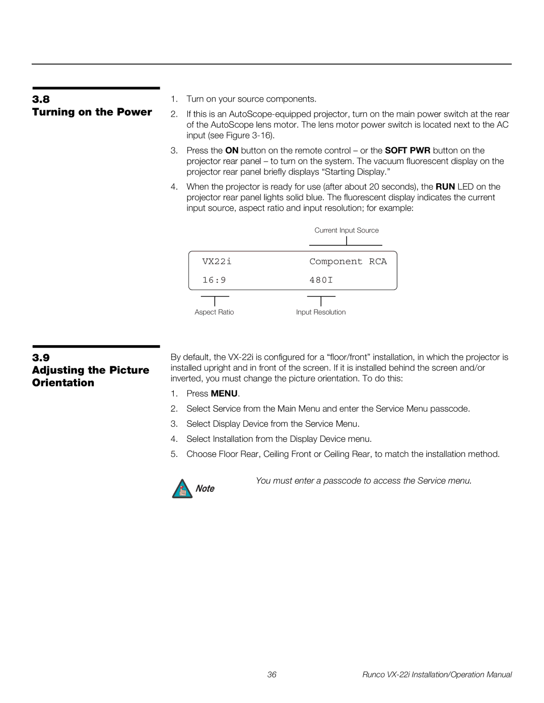 Runco VX-22I operation manual Turning on the Power, Adjusting the Picture Orientation 