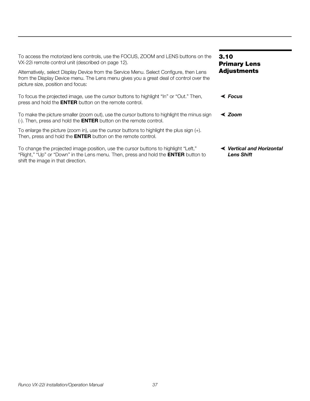 Runco VX-22I operation manual Primary Lens Adjustments, Focus, Zoom 