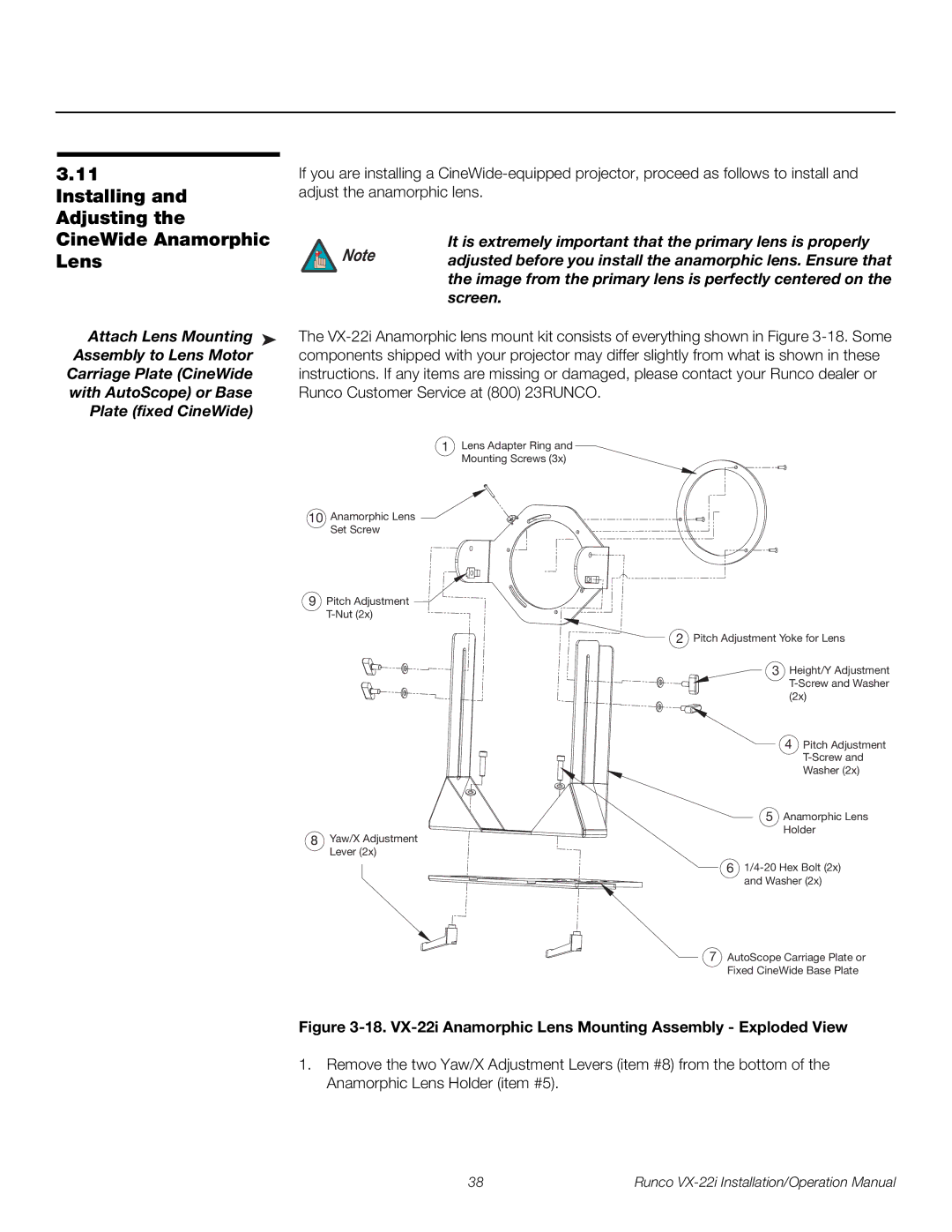 Runco VX-22I Installing and Adjusting the CineWide Anamorphic Lens, Assembly to Lens Motor, Carriage Plate CineWide 