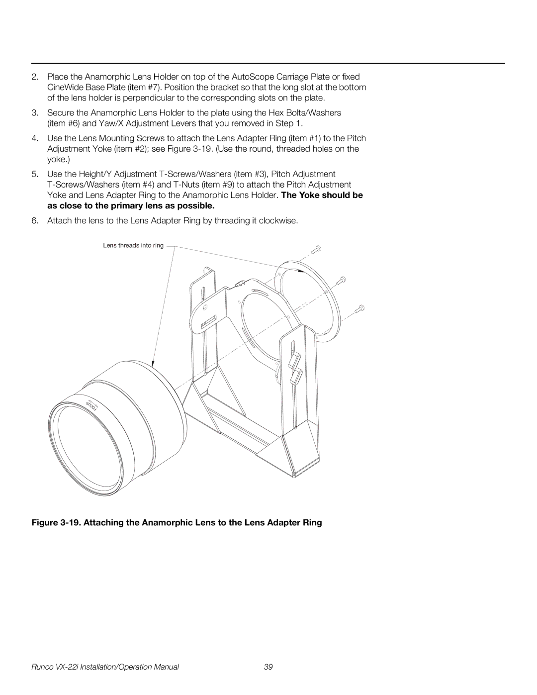 Runco VX-22I operation manual Attaching the Anamorphic Lens to the Lens Adapter Ring 