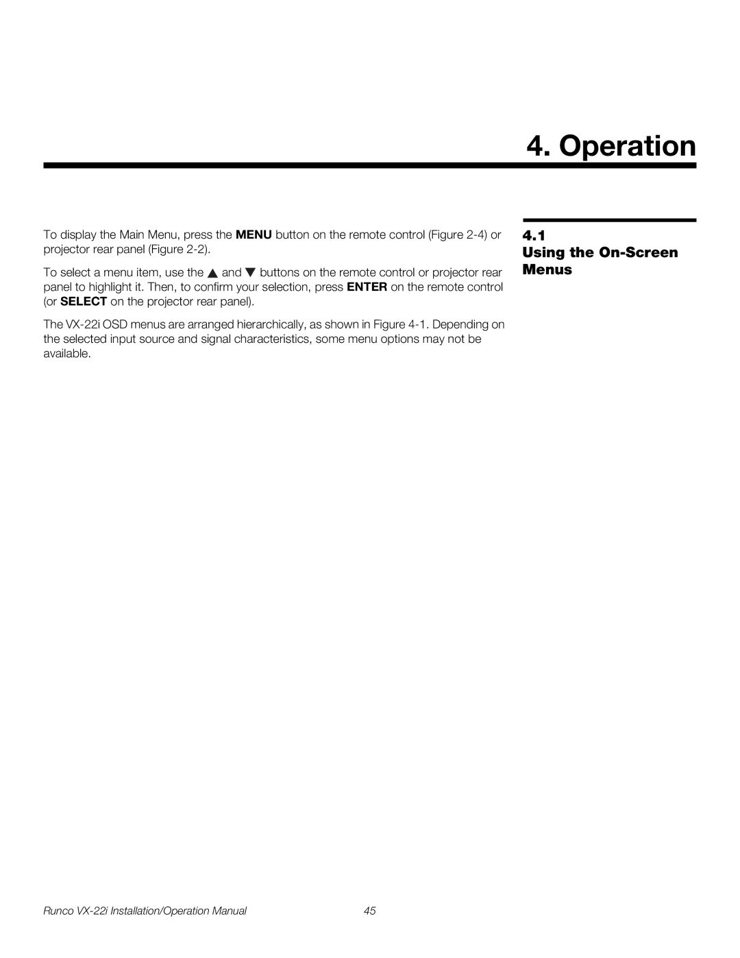 Runco VX-22I operation manual Operation, Using the On-Screen Menus 