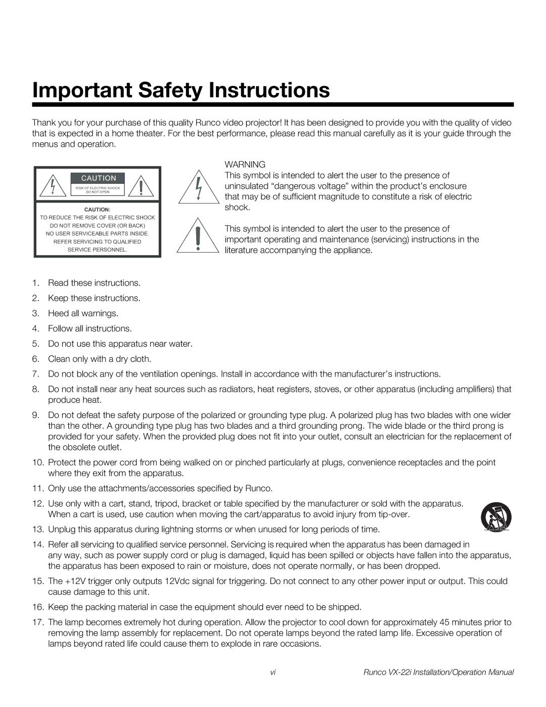 Runco VX-22I operation manual Important Safety Instructions 