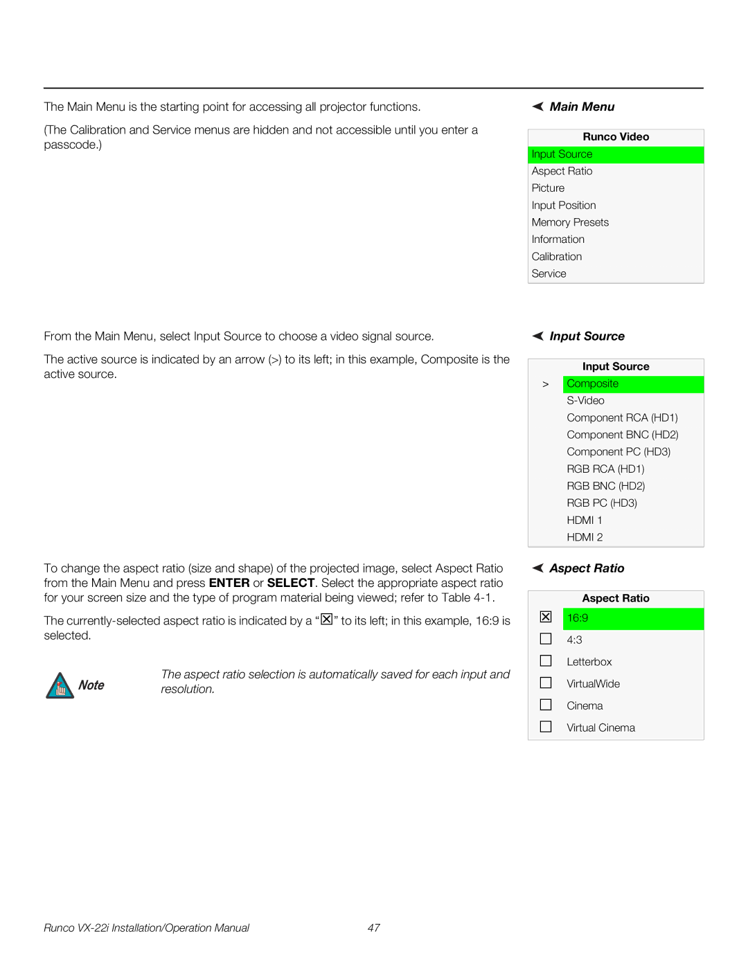 Runco VX-22I operation manual Main Menu, Input Source, Aspect Ratio 